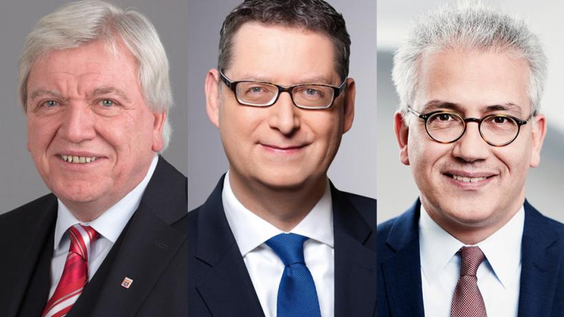 Auf der Zielgeraden: Die Spitzenkandidaten Volker Bouffier (CDU), Thorsten Schäfer-Gümbel (SPD) und Tarek Al-Wazir (Grüne). - Bild: wikimedia.org; spd.de; wirtschaft.hessen.de