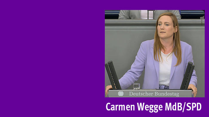 Bild: Carmen Wegge am Redepult des Bundestages, 24.06.2026 (Livestream Btg)