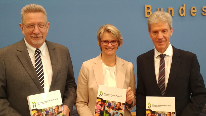 Stellten den Bericht „Bildung auf einen Blick“ in der Bundespressekonferenz vor: Heino von Meyer (OECD), Bundesbildungsministerin Anja Karlizcek (CDU) und KMK-Präsident Helmut Holter (Linke, v.l.n.r.). - Bild: zwd